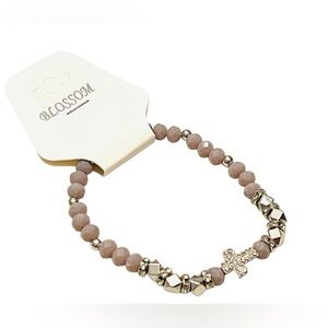 Beaded Cross Stretch Bracelet – Silver-Toned/Lavender Accents & Rhinestone